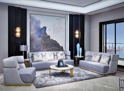  Luxuriöses graues mit goldenen Elementen Jugendstil-Wohnzimmer-Set 3+2+1 