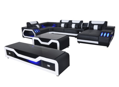 Leder Sofas Eck Garnitur Design Sofa Wohnlandschaft + Couch Tisch + RTV USB Neu