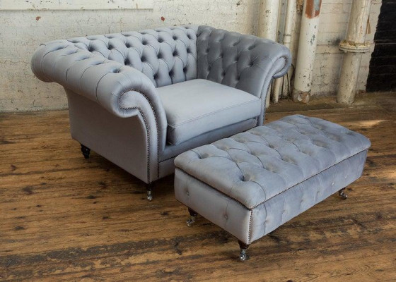 Chesterfield Hocker Fuß Sessel Polster Ottoman Beistell Relax Textil Leder Neu