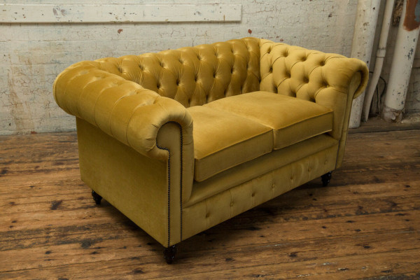 Chesterfield Sofa 2 Sitz Polster Couchen Couch Dreisitzer Gelb Sofas Samt Neu