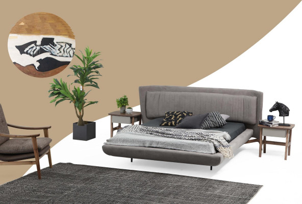 Bett Bettrahmen Doppelbett Stoff Modern Grau Schlafzimmer Doppel Neu