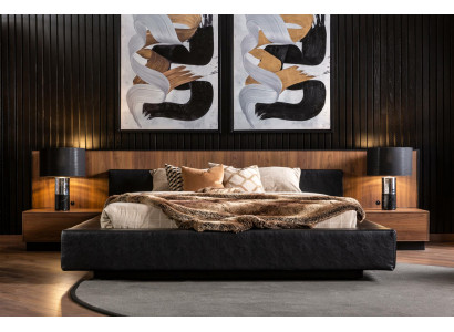 Bettfarbe Schwarz Moderner Stil Luxuriös Bett + 2x Nachttische für Schlafzimmer