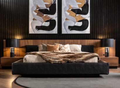 Bettfarbe Schwarz Moderner Stil Luxuriös Bett + 2x Nachttische für Schlafzimmer