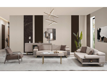 Komplette Dreisitzer Sessel Couch Beige Polstersofa Stoffsofa Set 3tlg