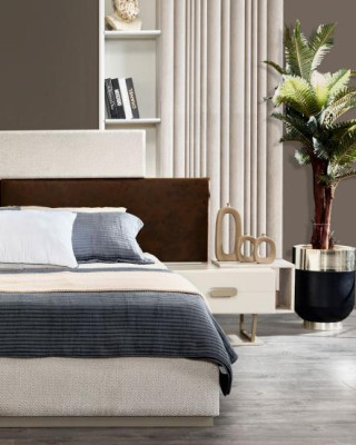 Weiße Schlafzimmer Garnitur Holz Nachttische Polster Doppelbett 3tlg Set