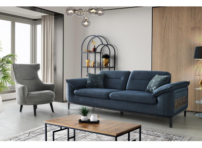 Blau-Graue Couchgarnitur Polster Dreisitzer Moderner Polster Sessel 2tlg