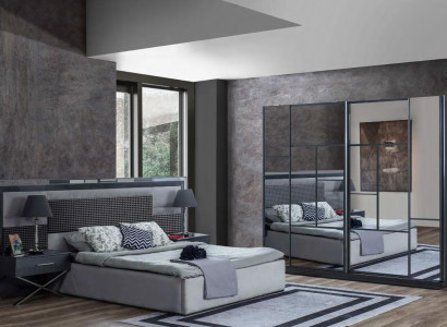 Schlafzimmer Graue Möbel Stilvolles Doppelbett Glas Kleiderschrank 4tlg
