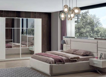 Weißes Schlafzimmer Set Designer Bett Holz Nachttische Kleiderschrank