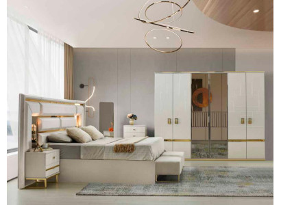 Schlafzimmer-Set 4tlg Bett Nahcttische Kleiderschrank Weiß Gold Zweifarbig