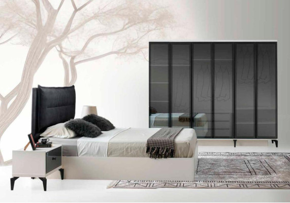 Schlafzimmer-Set 4tlg Weiß Schwarz Zweifarbig Bett Nachttische Kleiderschrank