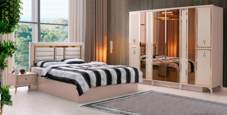 Schlafzimmer 4tlg Set Doppelbett Nachttische Kleiderschrank Beige Gold Modern