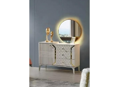 Kommode mit Spiegel Beige Einfarbig Schlafzimmer Modern Rechteckig Design Stil