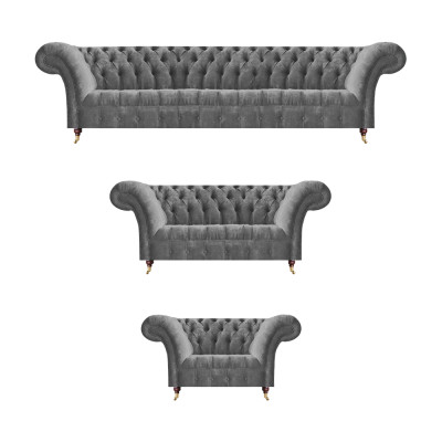 Edle Chesterfield Sofagarnitur Grauer Textil Viersitzer Polster Sessel