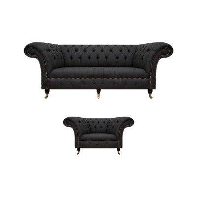 Chesterfield Schwarze Stoffgarnitur Designer 3-Sitzer Polstersessel 2tlg