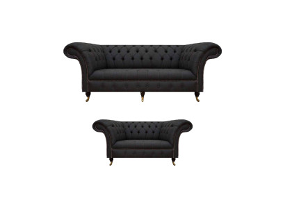 Komplett Schwarze Chesterfield Garnitur Designer Dreisitzer Moderner 2-er