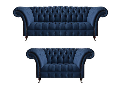 Blaue Sofagarnitur Chesterfield Textil Couchen Dreisitzer Zweisitzer 2tlg