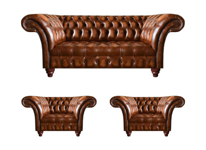 Braune Wohnzimmer Chesterfield Garnitur 2x Ledersessel Edler Dreisitzer