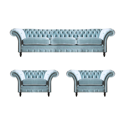 Chesterfield Polster Sitzmöbel Blaue Sofagarnitur 3-Sitzer 2x Sessel