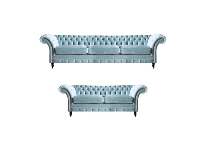 Stilvolle Hellblaue Chesterfield Designer Garnitur Dreisitzer 2-Sitzer