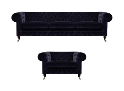 Luxuriöse Chesterfield Sofas Dunkelblauer Textil Dreisitzer Edler Sessel