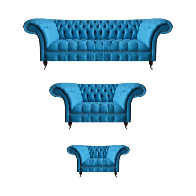 Chesterfield Hellblaue Designer Sitzmöbel Edler 3-Sitzer Zweisitzer 3tlg
