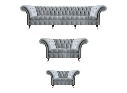 Hellgraue Wohnzimmer Chesterfield Sofas Sessel 2-Sitzer Viersitzer 3tlg