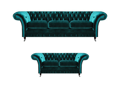 Grüne Chesterfield Polstersofas Wohnzimmer 2x Sofas Zweisitzer 3-Sitzer