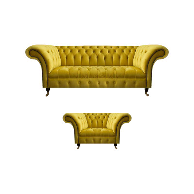 Moderne Gelbe Chesterfield Polstergarnitur Edler 3-Sitzer Textilsessel