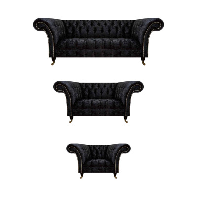 Schwarze Textil Chesterfield Garnitur Edler Dreisitzer Lehnsessel 3tlg