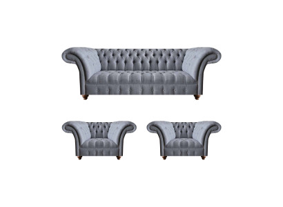 Chesterfield Hellgraue Sofagarnitur Edler Polster Dreisitzer 2x Sessel