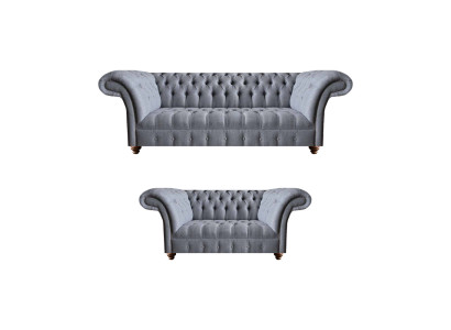 Hellgraue Chesterfield Polstercouchen Designer 3-Sitzer Zweisitzer 2tlg