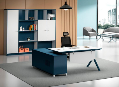 Blau-Weißer Ecktisch Designer Arbeitszimmer Möbel Luxuriöser Schreibtisch