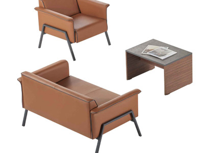 Braune Bürogarnitur Designer Holz Tisch Einzelsitzer Zweisitzer Möbel