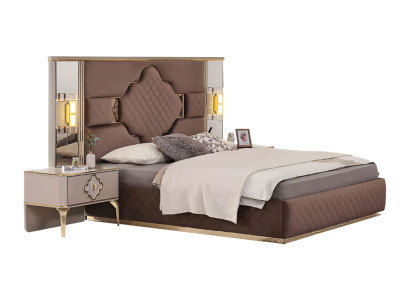 Braun-Beige Exklusive Schlafzimmer Garnitur Doppelbett 2x Nachttische