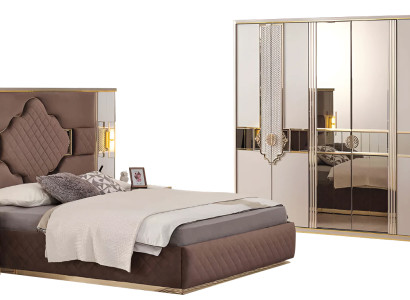 Braun-Beiges Schlafzimmer Set Kleiderschrank Polsterbett Nachttische
