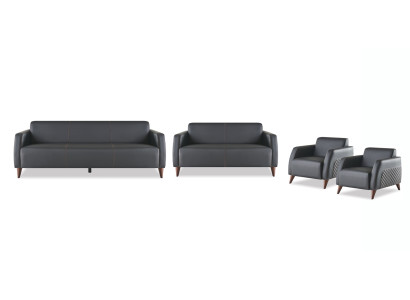 Komplett-Set Sitzmöbel 3-Sitzer 2-Sitzer Sessel Schwarz Moder Leder Holz