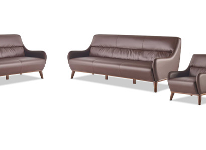Ledersofas Komplett 3-Sitzer 2x Sessel Klassisch Braun Leder Holz Couch