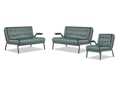 Sofa-Set 2-Sitzer Sessel Grün Edelstahl Modern Leder Chesterfield Holz