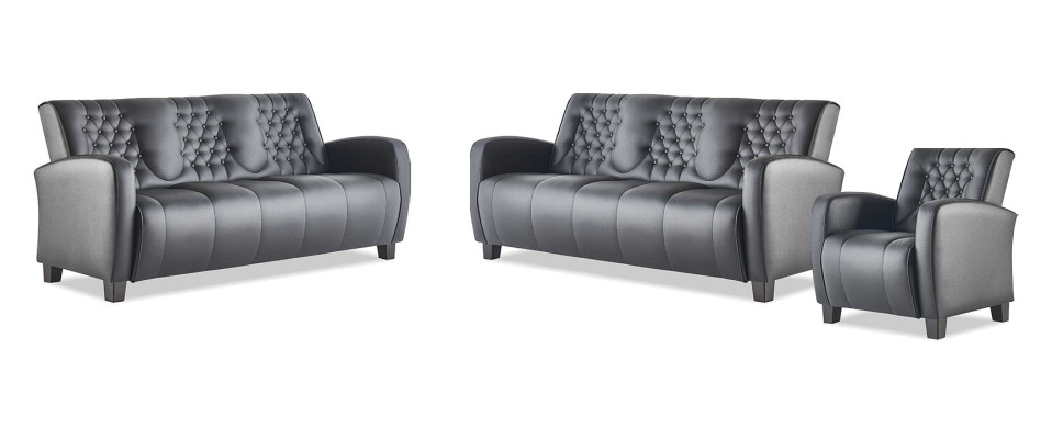 Ledersofa-Set 3-Sitzer Sessel Schwarz Modern Couch Leder Holz Chesterfield