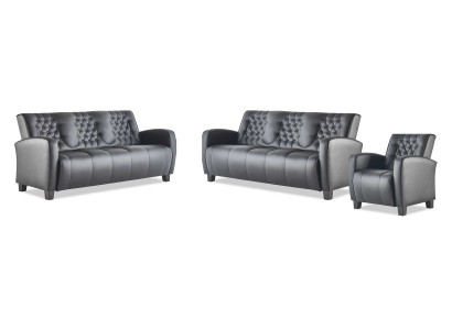 Ledersofa-Set 3-Sitzer Sessel Schwarz Modern Couch Leder Holz Chesterfield