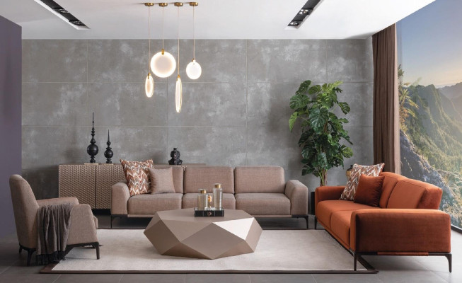 Wohnzimmer Sessel Design Couch Luxus Polster Modern Braun Holz Textil