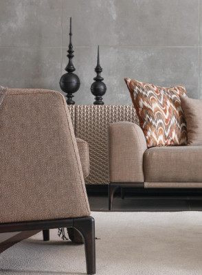 Wohnzimmer Sessel Design Couch Luxus Polster Modern Braun Holz Textil