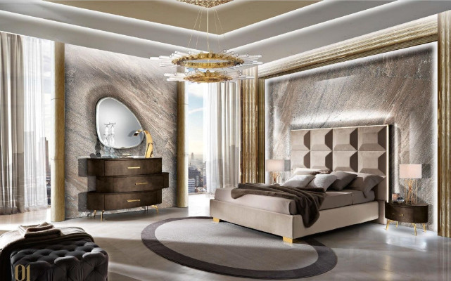 Luxus Set 5tlg. Schlafzimmer Bett Nachttisch Kommode Spiegel Garnitur Doppel Neu
